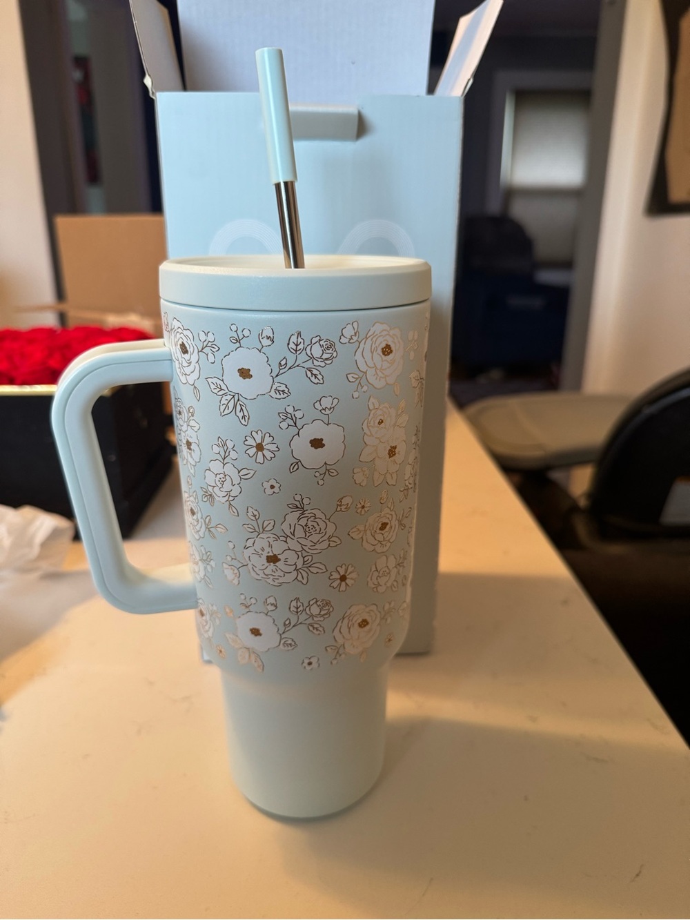 Blue Floral Travel Tumbler with Straw